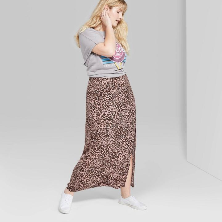 Target Women's Plus Size Leopard Print Side Slit Midi A-line Skirt - Wild Fable Pink