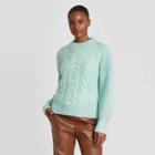 Women's Bishop Sleeve Crewneck Cable Stitch Pullover Sweater - A New Day Blue