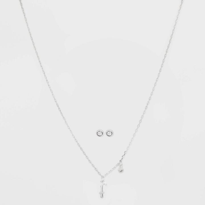 Silver Plated Cubic Zirconia Initial 'f' Chain Pendant Necklace And Earring Set - A New Day