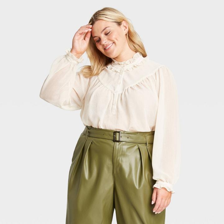 Women's Plus Size Balloon Long Sleeve Ruffle Blouse - Who What Wear Cream