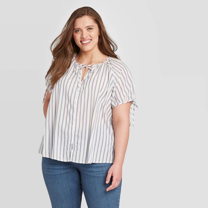 Women's Plus Size Striped Short Sleeve V-neck Button-front Top - Universal Thread White 1x, Women's, Size: