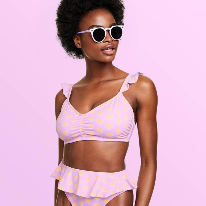 Women's Flutter Strap Heart Print Bralette Bikini Top - Stoney Clover Lane X Target Lavender/orange D/dd Cup