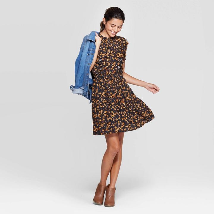 Women's Floral Print Sleeveless Crewneck Smocked Waist Dress - Universal Thread Black S, Women's, Size: Small,