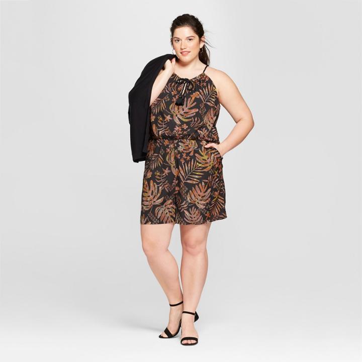Women's Plus Size Printed Halter Romper - A New Day Black