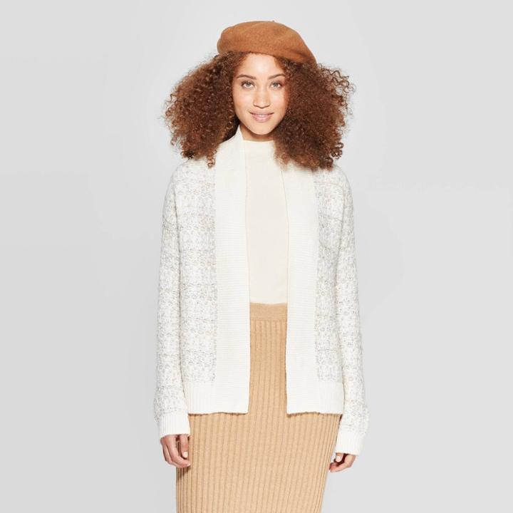 Women's Long Sleeve Ribbed Cuff Tweed Cardigan - A New Day Cream S, Women's, Size: