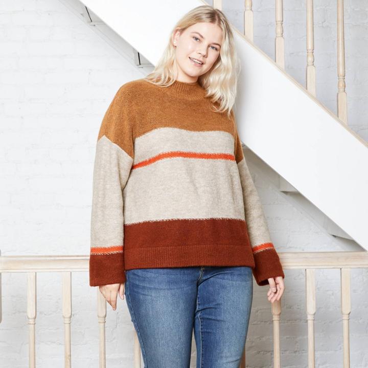 Women's Plus Size Striped Mock Turtleneck Pullover Sweater - Universal Thread Taupe