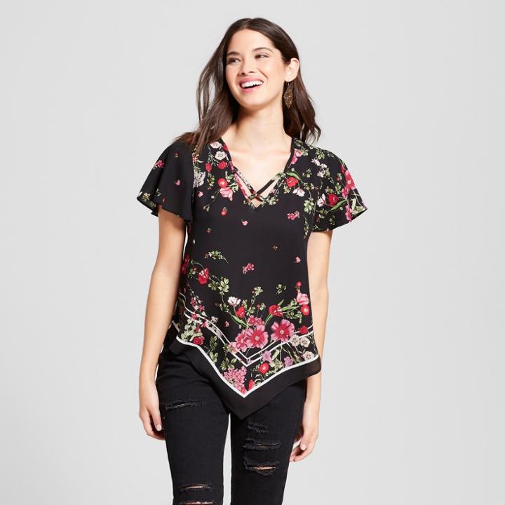 Women's Cross Front Scarf Top Short Sleeve Blouse - 3hearts (juniors') Black
