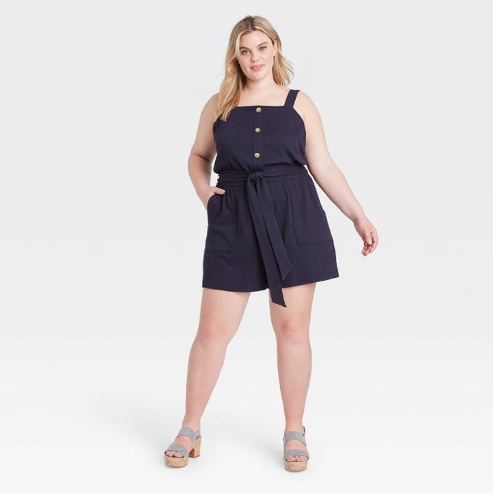Women's Plus Size Button-front Tie-waist Romper - Ava & Viv Navy X, Blue