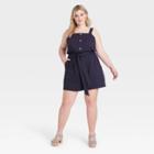 Women's Plus Size Button-front Tie-waist Romper - Ava & Viv Navy X, Blue