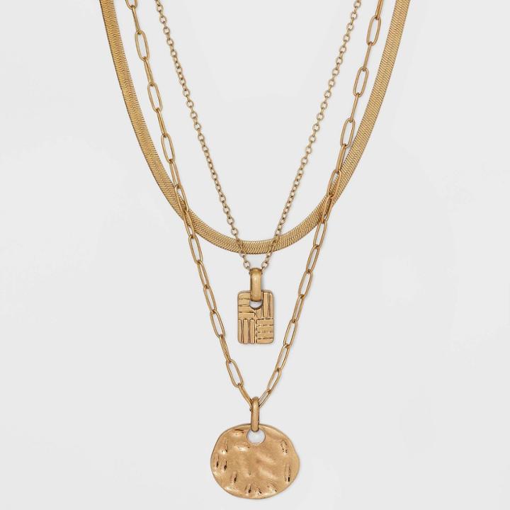 Textured Dog Tag And Disc Charm Layered Chain Necklace - Universal Thread Worn Gold