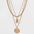 Textured Dog Tag And Disc Charm Layered Chain Necklace - Universal Thread Worn Gold
