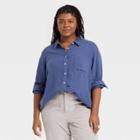 Women's Plus Size Long Sleeve Relaxed Fit Gauze Button-down Shirt - Universal Thread Navy Blue