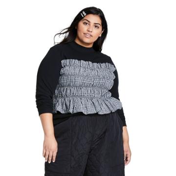 Women's Plus Size Smocked Gingham Long Sleeve Mock Turtleneck Shirt - Sandy Liang X Target Black