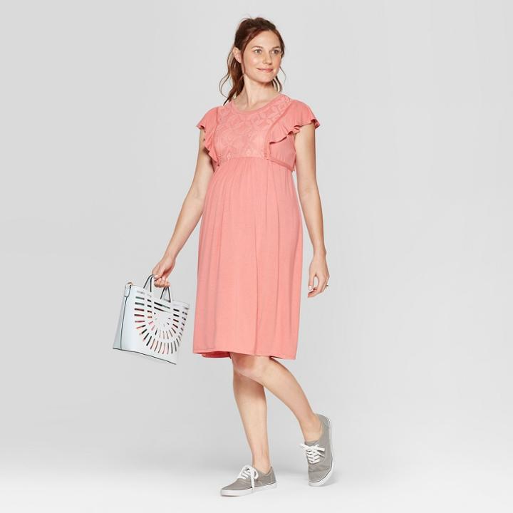 Maternity Sleeveless Lace Front Ruffle Dress - Isabel Maternity By Ingrid & Isabel Pink L, Women's, Cherry Bells