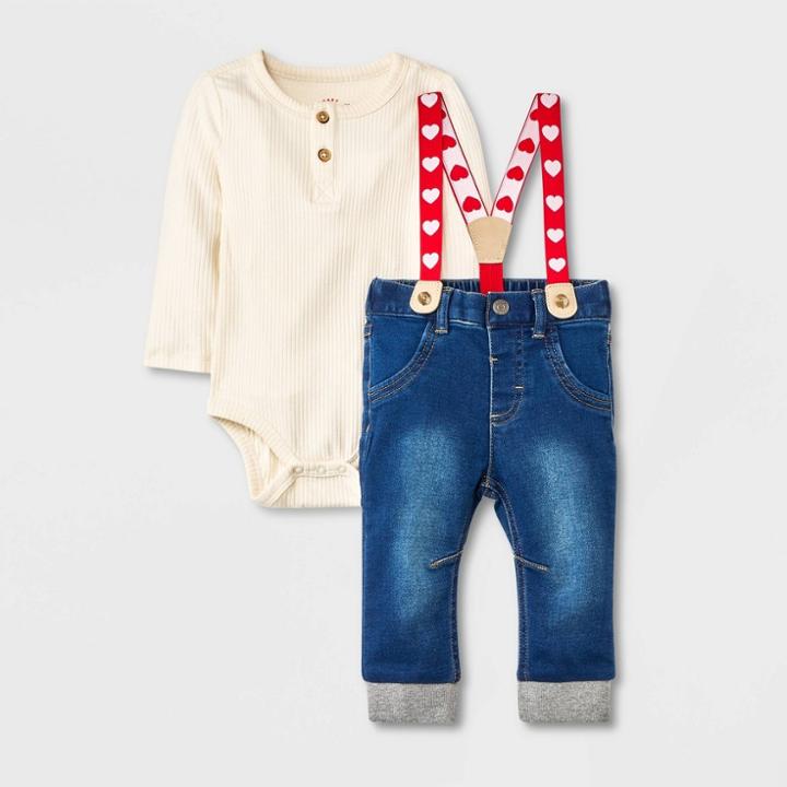 Baby Boys' Valentine's Day Denim Heart Suspender Set - Cat & Jack Cream Newborn, Ivory/blue