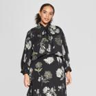 Women's Plus Size Floral Print Long Sleeve Tie Neck Drapey Blouse - Who What Wear Black/cream (black/ivory)