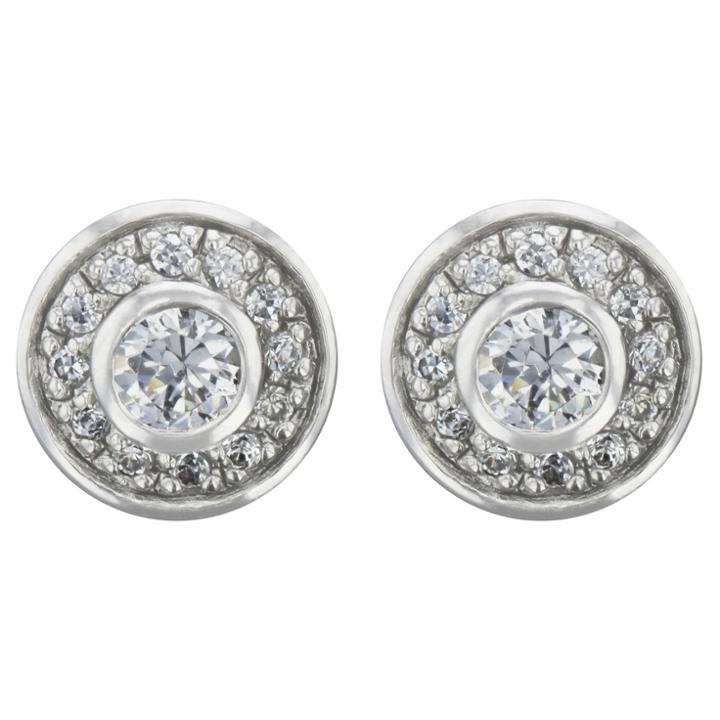 Button Earrings Sterling Cubic Zirconia Halo -