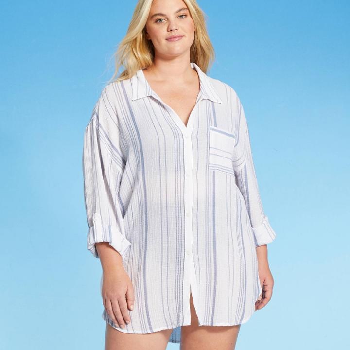 Women's Plus Size Button-up Cover Up Shirtdress - Kona Sol White