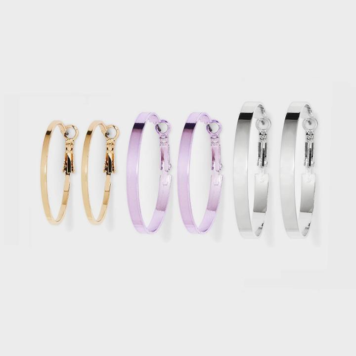 Anodized Flat Hoop Earring Set 3pc - Wild Fable Gold/purple/silver