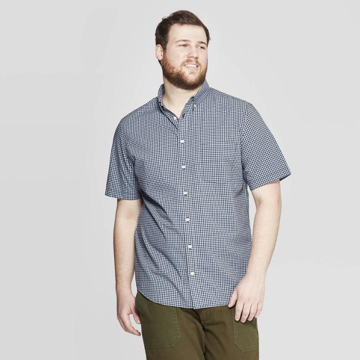 Men's Big & Tall Checkered Standard Fit Short Sleeve Poplin Button-down Shirt - Goodfellow & Co Breaktime Blue