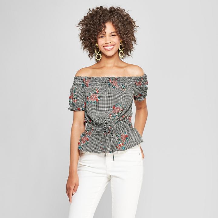 Women's Houndstooth Short Sleeve Off The Shoulder Top - Lily Star (juniors') Black/white