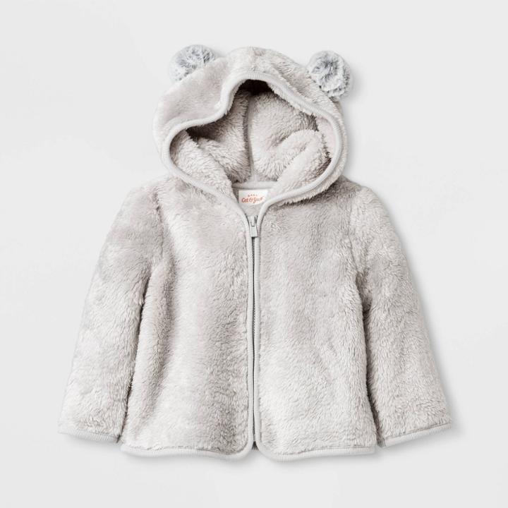 Baby Boys' Faux Fur Pom Ear Hoodie Cardigan - Cat & Jack Gray Newborn, Boy's