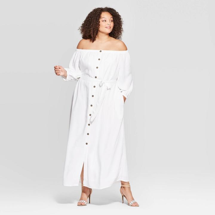 Women's Plus Size Long Sleeve Off The Shoulder Button-down Maxi Dress - Who What Wear White