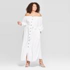 Women's Plus Size Long Sleeve Off The Shoulder Button-down Maxi Dress - Who What Wear White