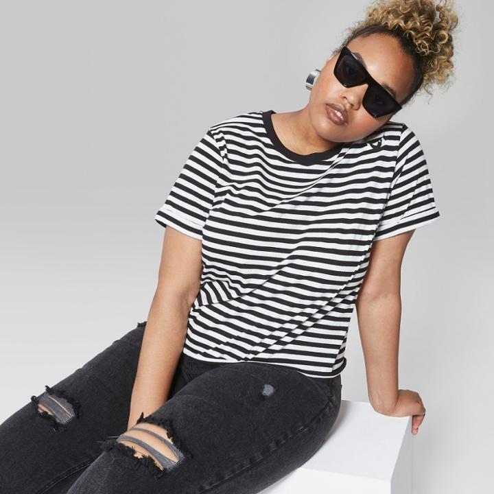 Women's Plus Size Striped Short Sleeve Ringer Boxy T-shirt - Wild Fable Blue/white