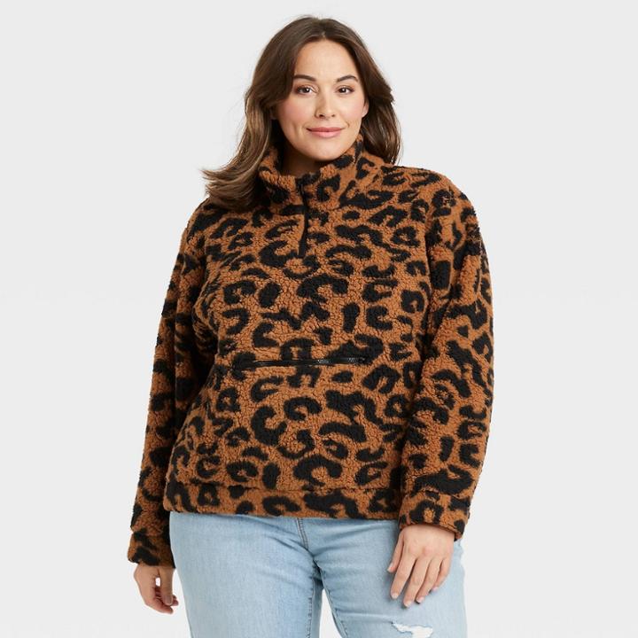 Women's Plus Size Sherpa Quarter Zip Jacket - Knox Rose Brown Leopard Print