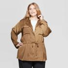 Women's Plus Size Long Sleeve Collared Satin Utility Shirt - Prologue Brown