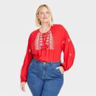 Women's Plus Size Long Sleeve Embroidered Top - Knox Rose Red