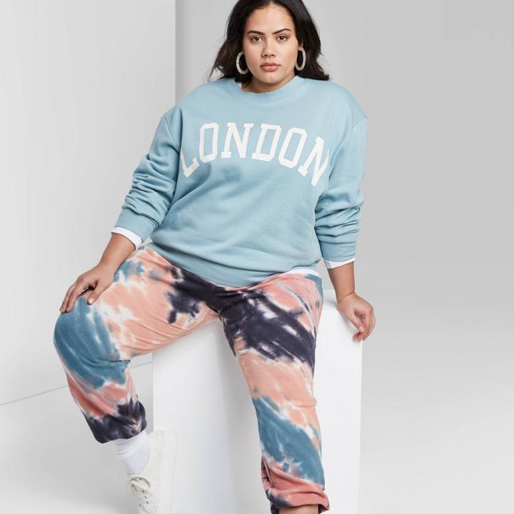 Women's Plus Size Crewneck Oversized London Graphic Sweatshirt - Wild Fable Teal Blush 1x, Women's, Size:
