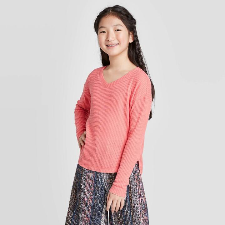 Girls' Long Sleeve Waffle Knit Top - Art Class Orange