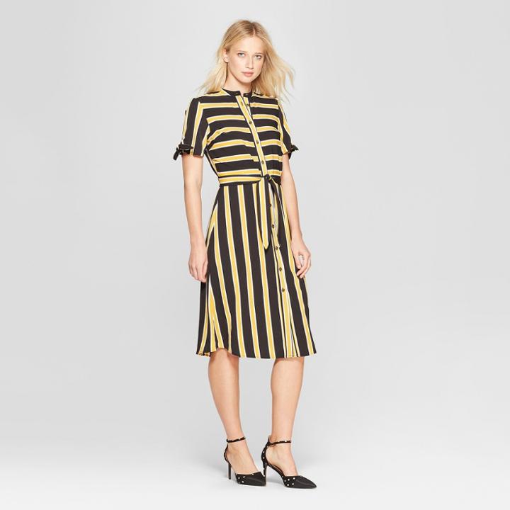 Women's Striped Short Sleeve Knotted Midi Shirt Dress - Who What Wear Black/white Xl, Black/white