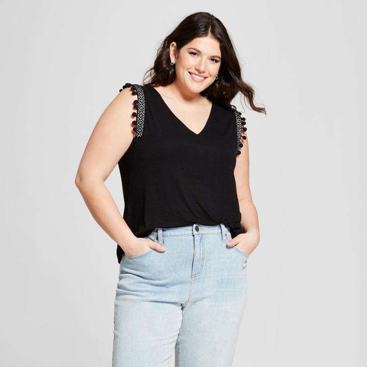 Women's Plus Size Pom Pom Trim Tank - A New Day Black X