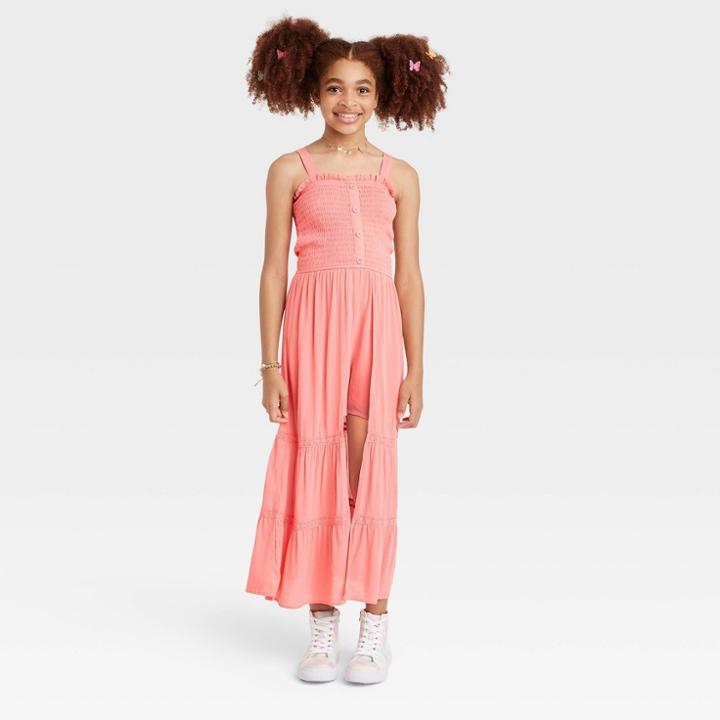 Girls' Smocked Walk-through Romper - Art Class Coral