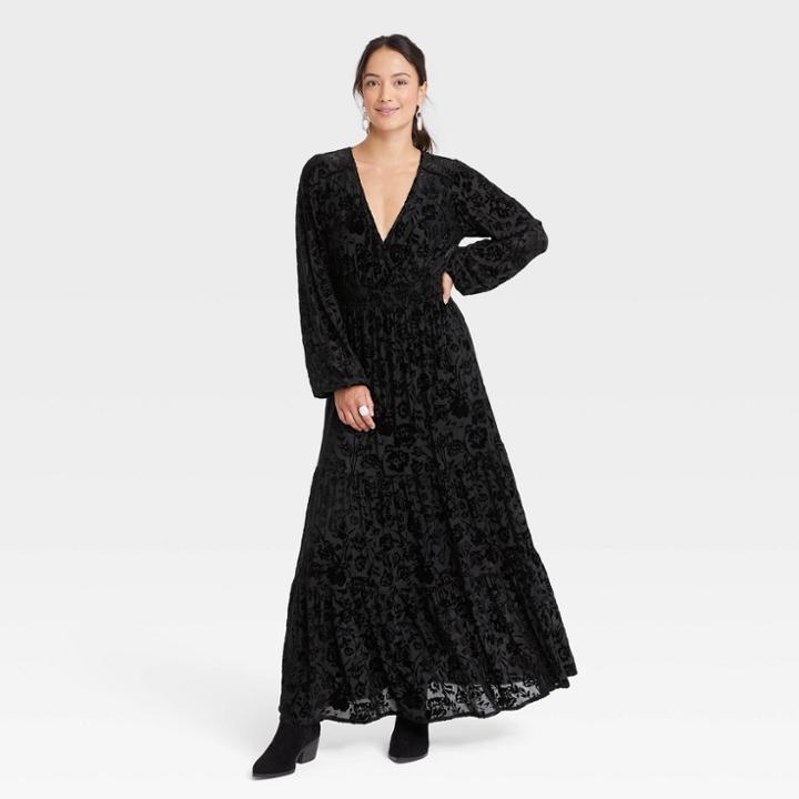 Women's Balloon Long Sleeve Velour Dress - Knox Rose Black Floral