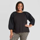 Women's Long Sleeve Round Neck Mixed Poplin T-shirt - A New Day Black