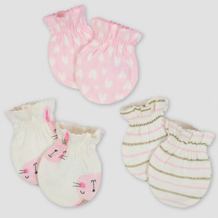 Gerber Baby Girls' 3pk Mittens Princess - Pink/cream (pink/ivory)