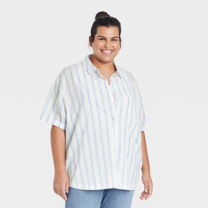 Women's Plus Size Short Sleeve Button-down Shirt - Ava & Viv Blue X