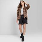 Women's Raglan Long Sleeve Button-down Hi-low Flannel Shirt - Wild Fable Brown Plaid