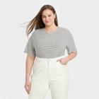 Women's Plus Size Striped Short Sleeve Linen T-shirt - A New Day Tan