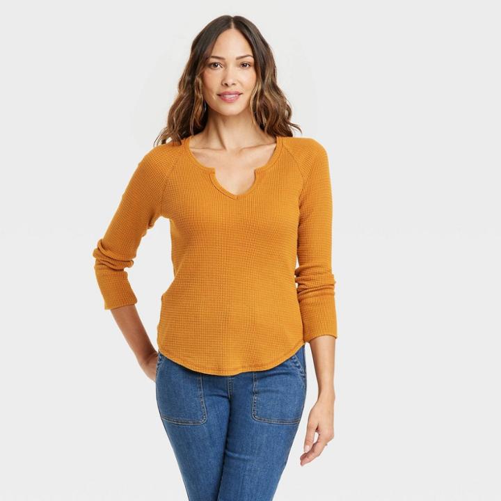 Women's Long Sleeve Notch Neck Thermal Top - Knox Rose Brown