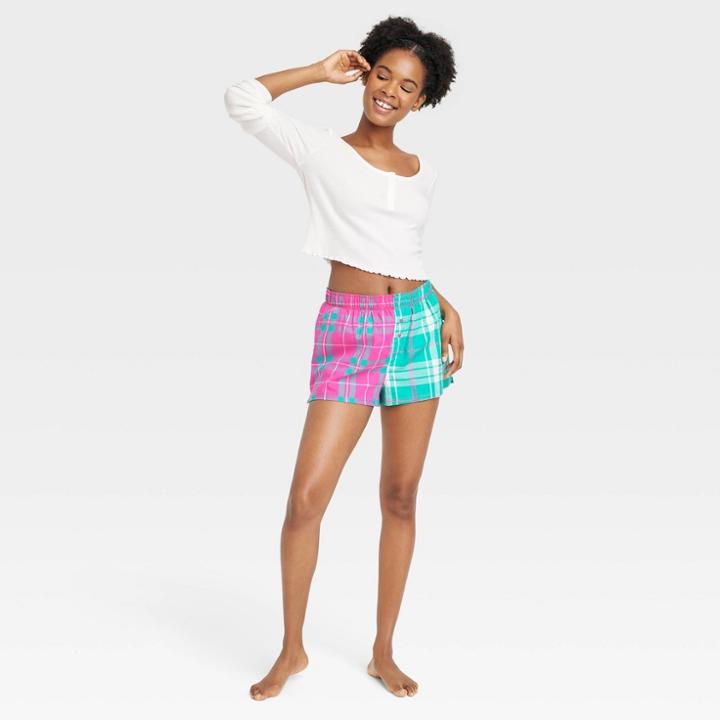 Women's Mixed Plaid Boxer Pajama Shorts - Colsie Green