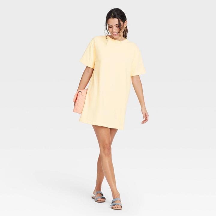 Women's Elbow Sleeve Knit T-shirt Dress - A New Day Light Yellow