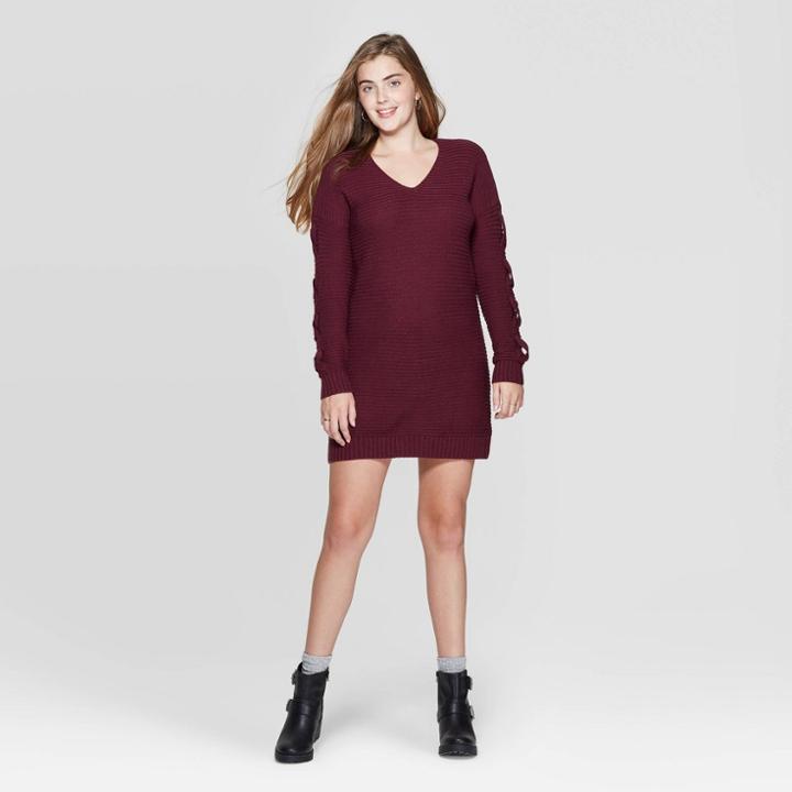 Women's Long Sleeve V-neck Lace-up Sleeve Sweater Mini Dress - Xhilaration Burgundy Xs, Women's, Red