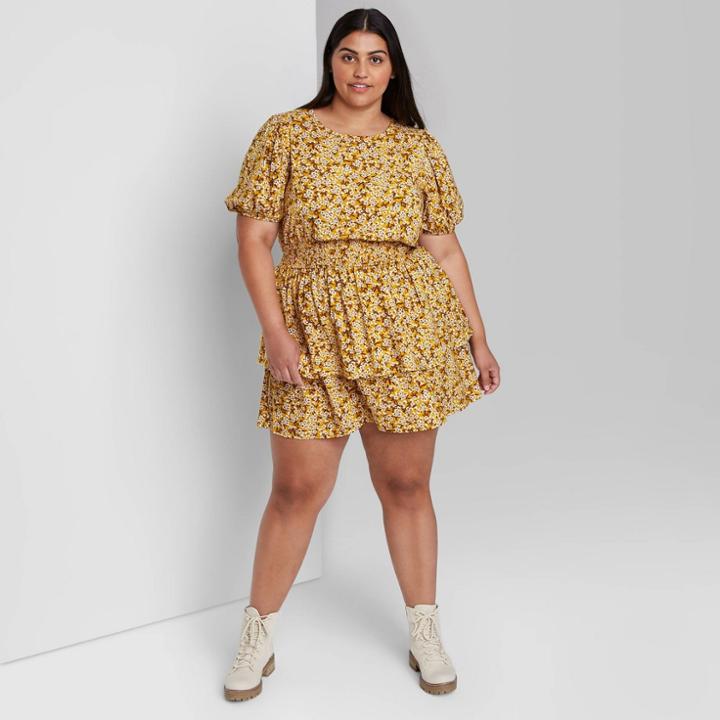 Women's Plus Size Short Sleeve Open Back Tiered Skater Dress - Wild Fable Mustard Floral
