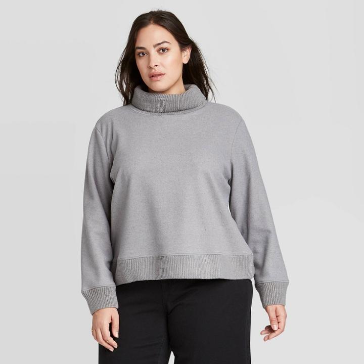 Women's Plus Size Long Sleeve Turtleneck Sweater Trim T-shirt - A New Day Gray