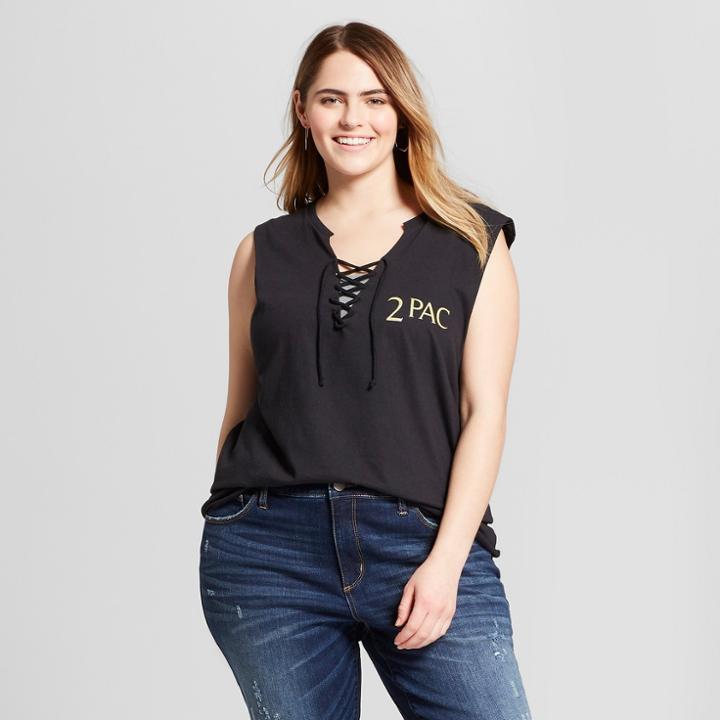 Women's Tupac Plus Size Lace-up Graphic Tank Top (juniors') Black